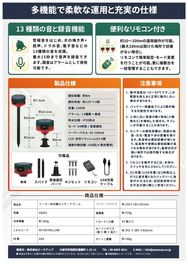 SSA01 仕様書 裏面・スペック