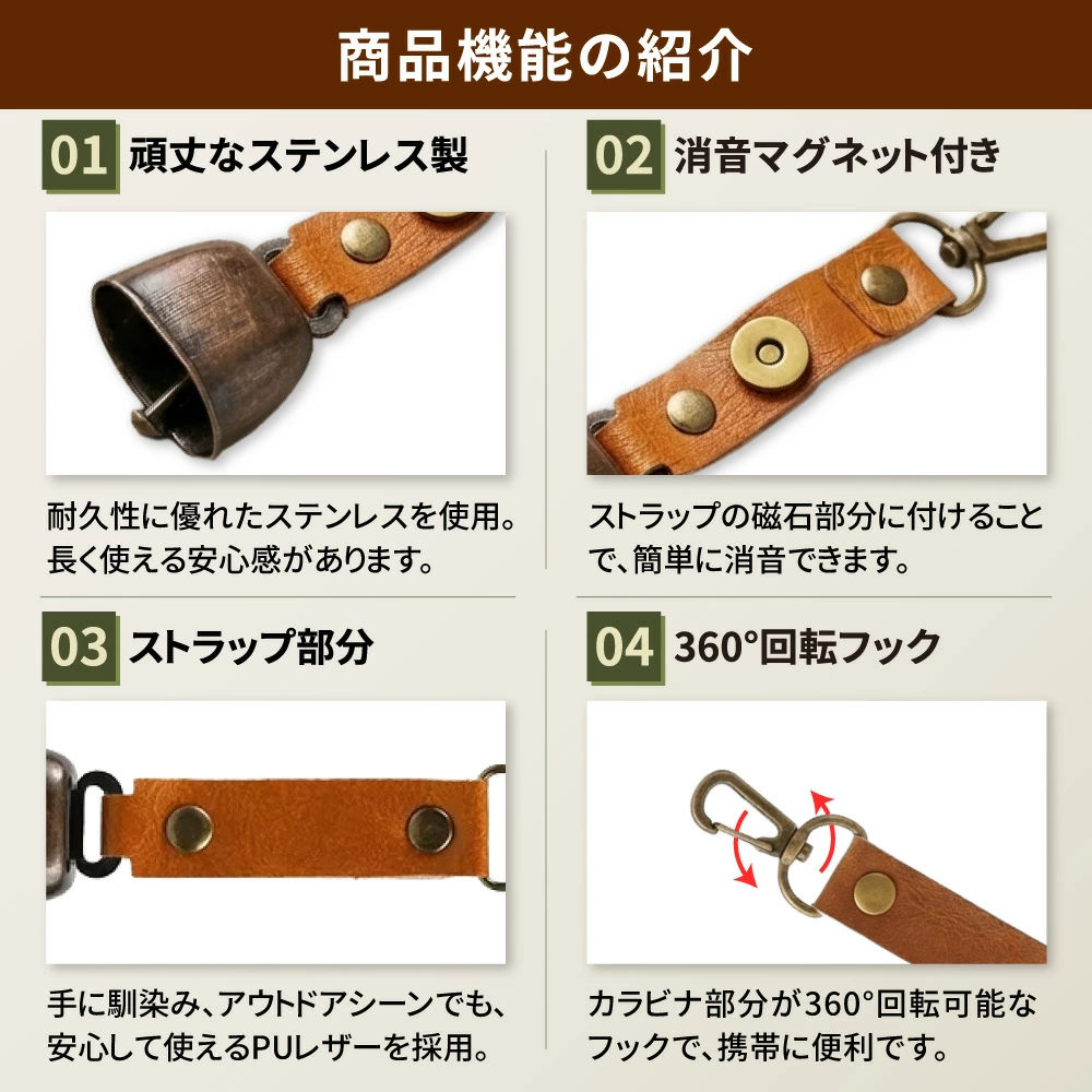 商品機能4点紹介（ステンレス・消音マグネット・ストラップ・360°フック）